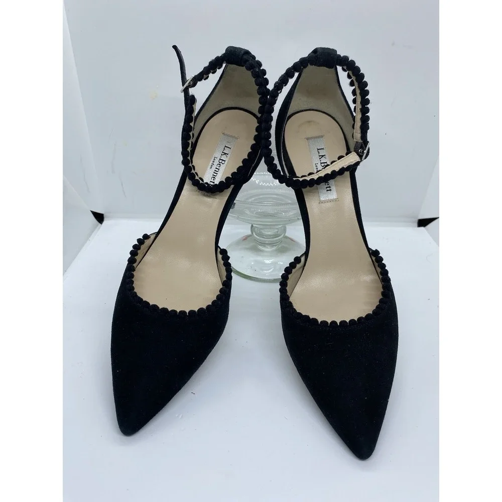 Black LK Bennett Ellora Suede Pom-Pom D'Orsay Ankle Strap Sandal Sz 39 US 8.5